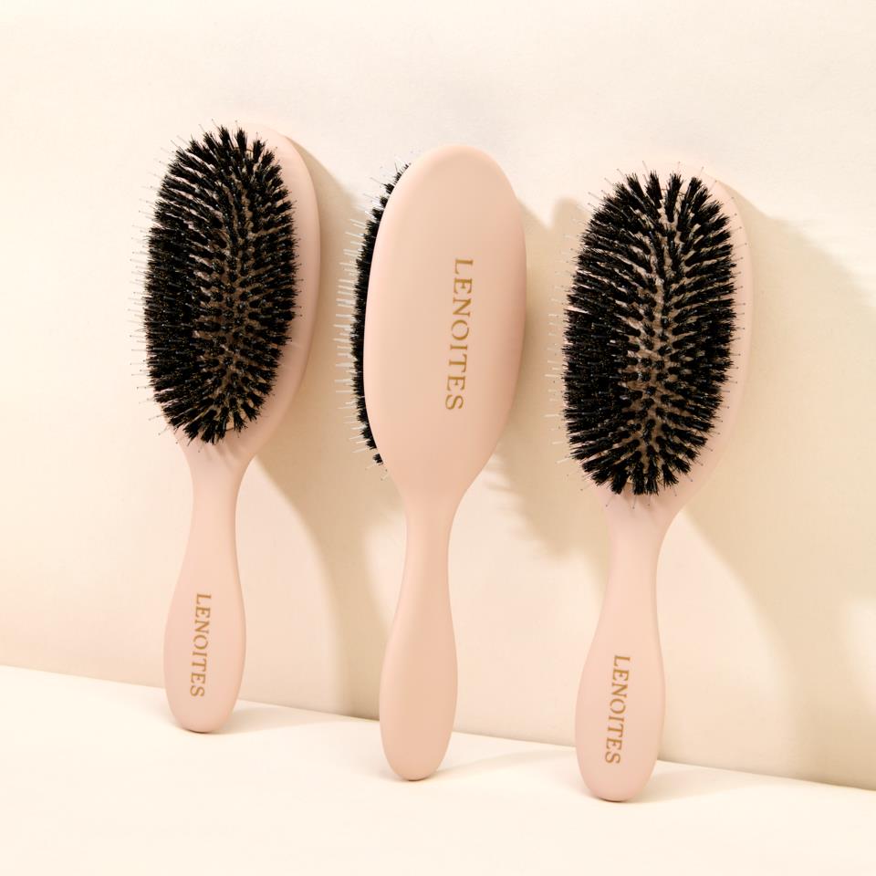 Lenoites Hair Brush Wild Boar with pouch and cleaner tool Blush