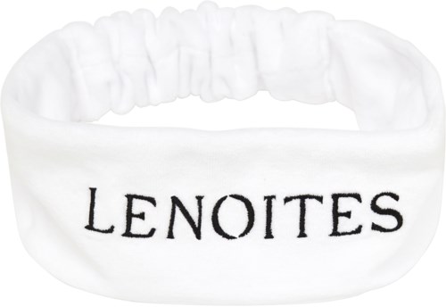 En hvit stoffhårbånd med ordet "LENOITES" trykt på i svart. Hårbåndet er elastisk og enkelt.