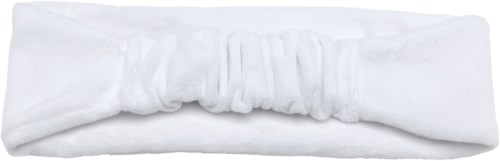 Et hvitt stoff med samlet stoff i midten, ligner på et hårbånd eller wrap.