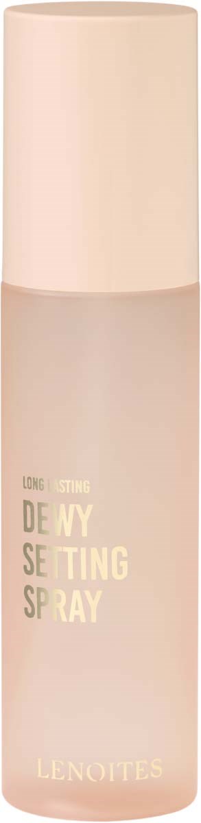 A tall, pink spray can labeled 'Long-Lasting De-Wy Setting Spray' is shown.