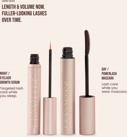 Illustration von zwei Lash Duo Mascara-Flaschen, eine für Nacht- und eine für Tagesgebrauch, mit offenen Bürsten.