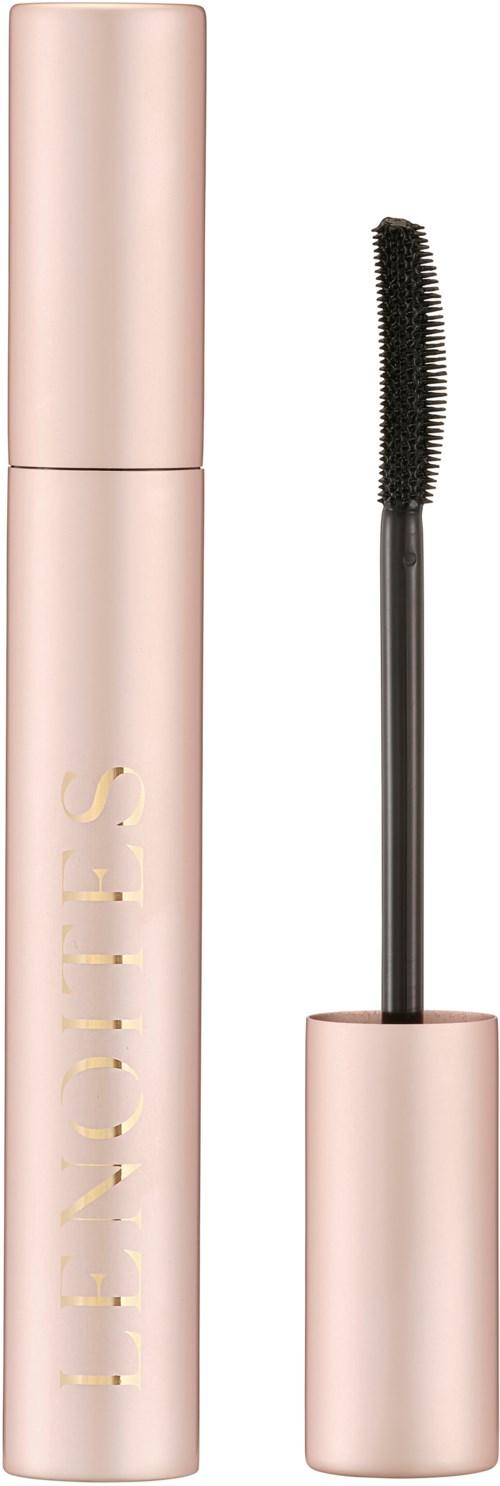 En rosa mascara rör med borsten separat, visar varumärket och mascaraborsten.