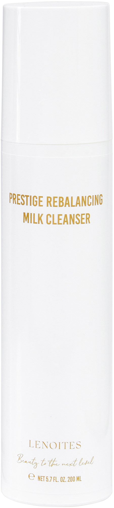 Biała butelka Prestige Rebalancing Milk Cleanser firmy Lenotes z złotym napisem.