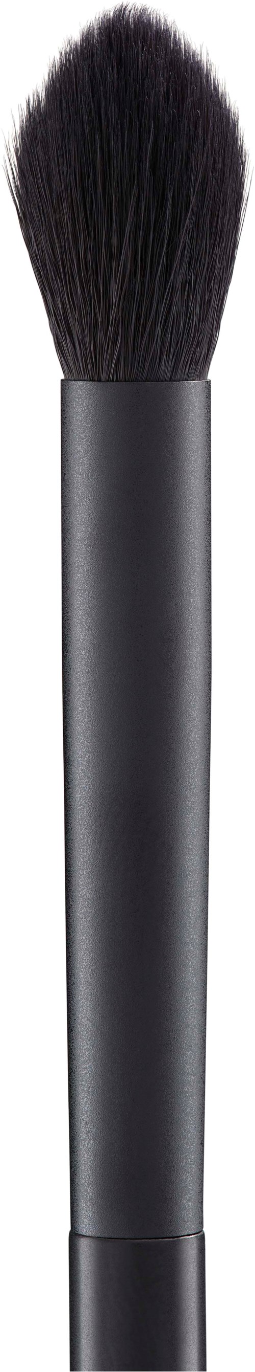 En makeupborste med svarta borst och ett elegant svart handtag.