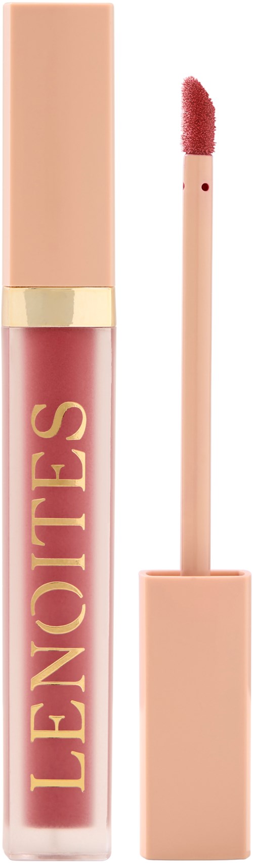 En rosa leppeglansetube med gullbokstaver og en matchende applikator. Glanset er delvis åpen, viser rosa produkt.