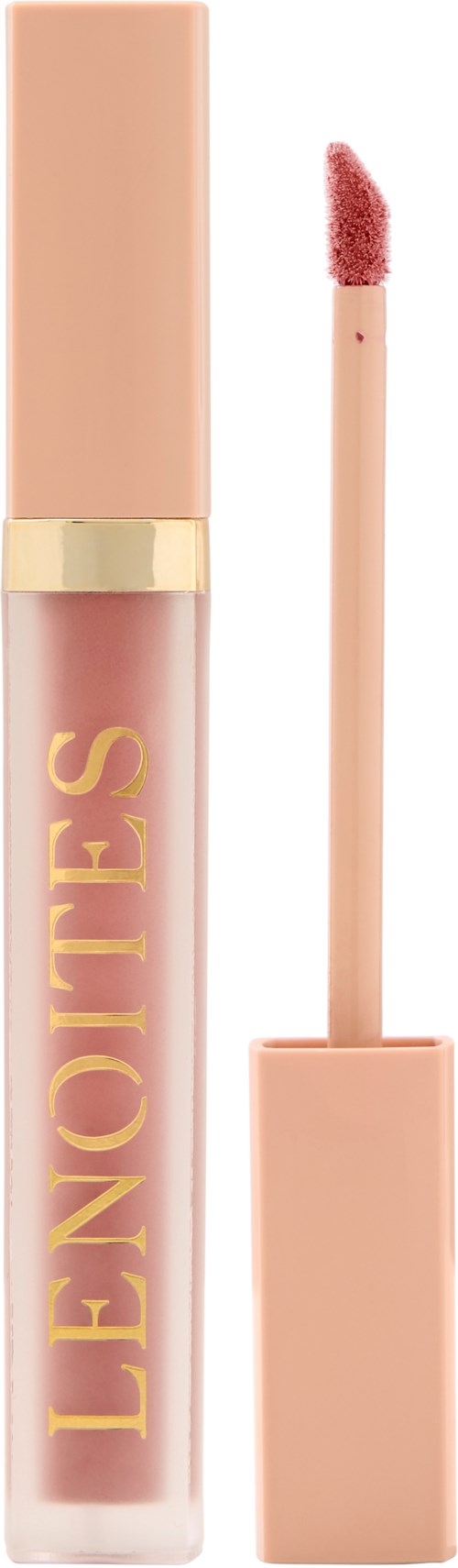 En leppeglossrør med rosa glans og applikator. Røret er beige med gullfarget skrift.