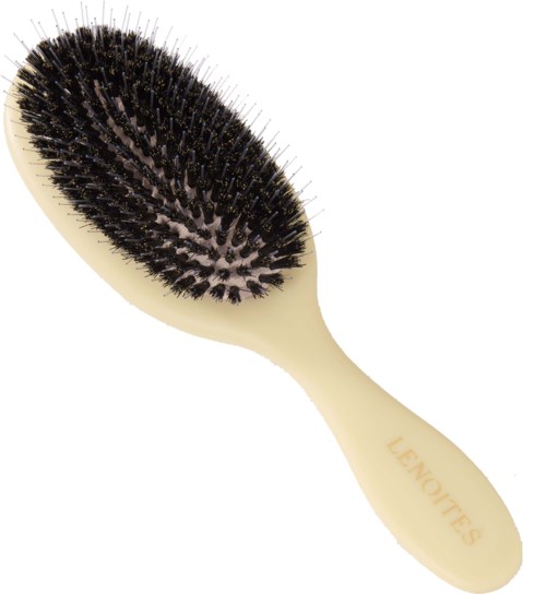 Een beige haarborstel met zwarte borstelharen en het woord LENOX op de handgreep.