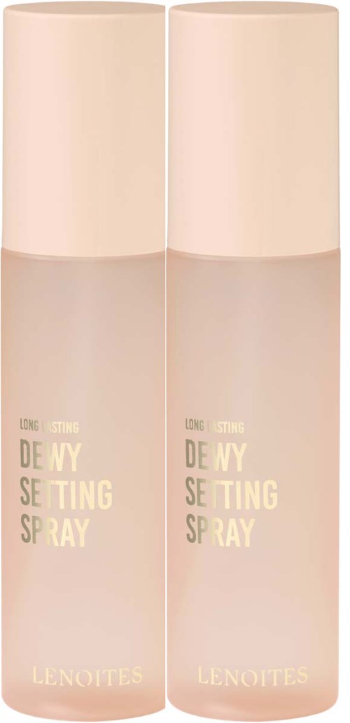 Two bottles of makeup setting spray stand side by side, labeled with product and brand names.