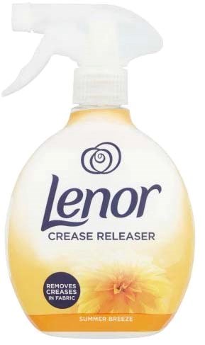 Sumutin niminen Lenor crease releaser, keltainen ja valkoinen muotoilu, suihkutussuutin.