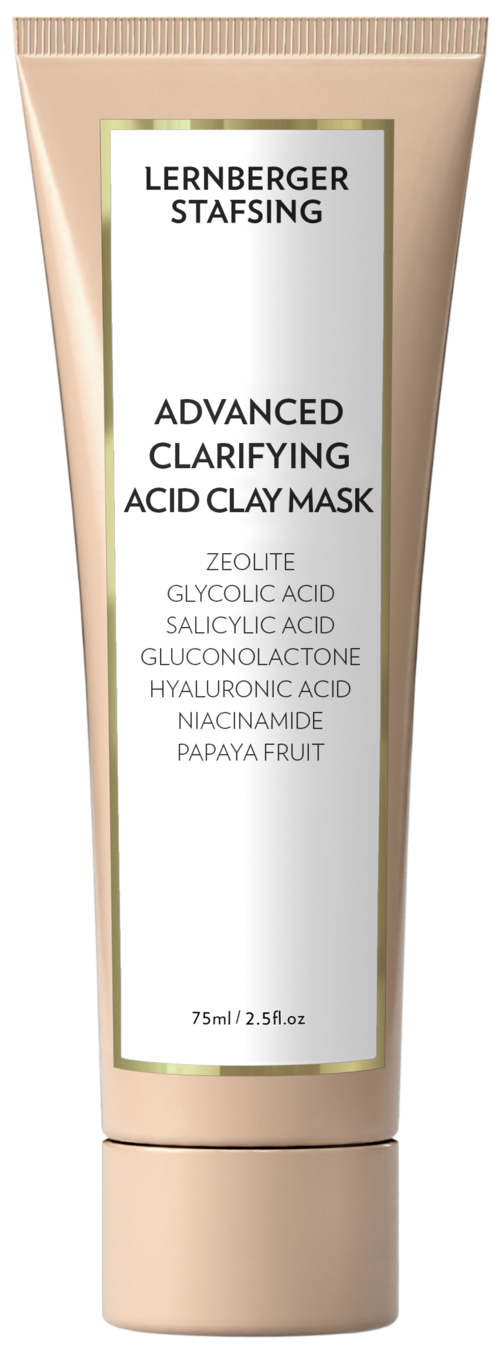 En tube med avansert avklaringskalk-lermaske med ingredienser som glykolsyre, salisylsyre og papaya-frukt.