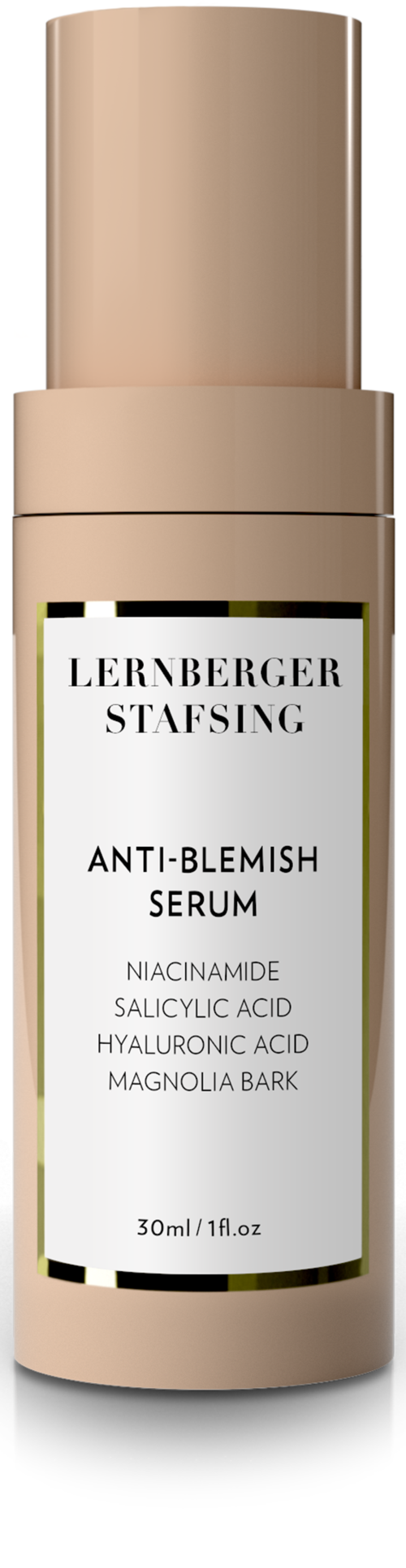 En beige flaska med anti-akne serum med pump och etikett som listar ingredienser som niacinamide och salicylsyra.