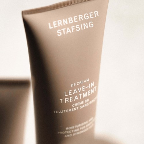 A beige tube of Lernberger Stafsing BB cream Leave-In Treatment, with white text on the front.