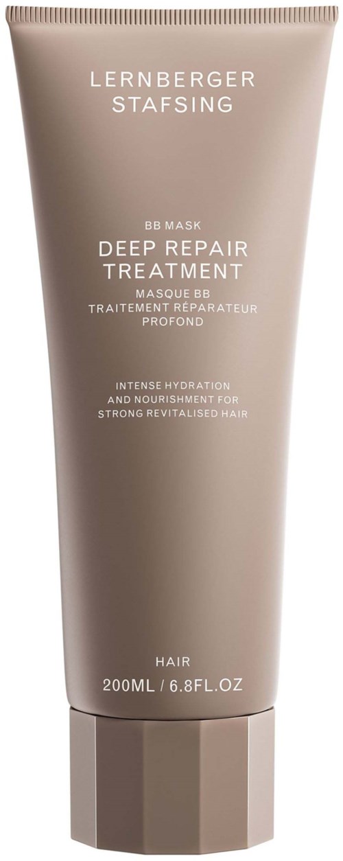 A beige tube of hair mask labeled 'Deep Repair Treatment' by Lernberger Stafsing, for nourishing and reviving hair.
