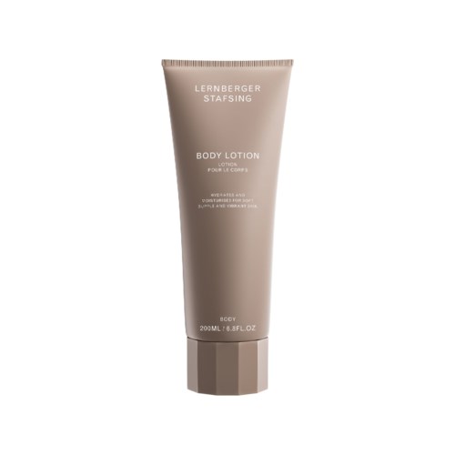 A beige tube of body lotion with simple text and a cap at the bottom.