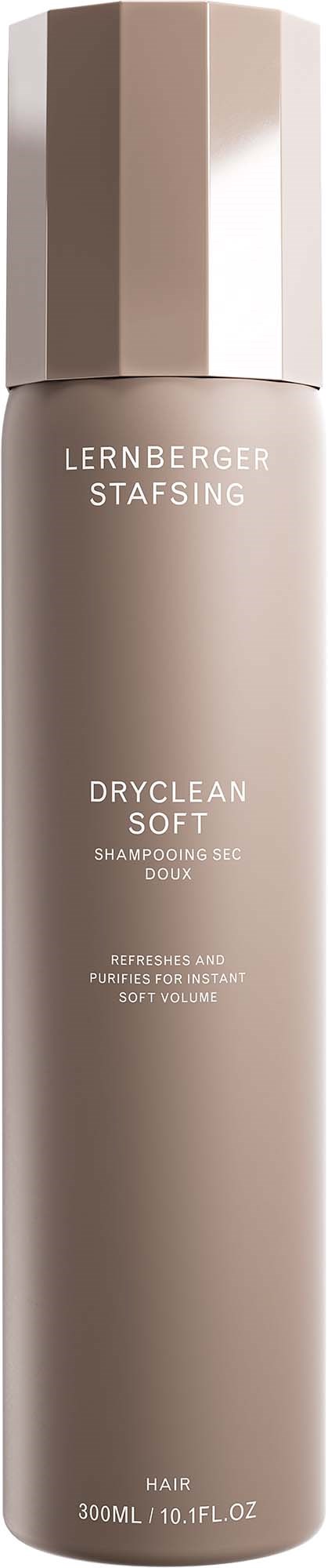 Een lange, grijsgroene fles met een glanzende dop, gemarkeerd 'Lernberger Stafsing'. Het is een shampoo voor zacht haar.