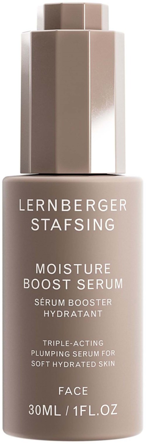A bottle of moisturizer serum with a silver cap and label displaying the brand Lernberger Stafsing and product details.
