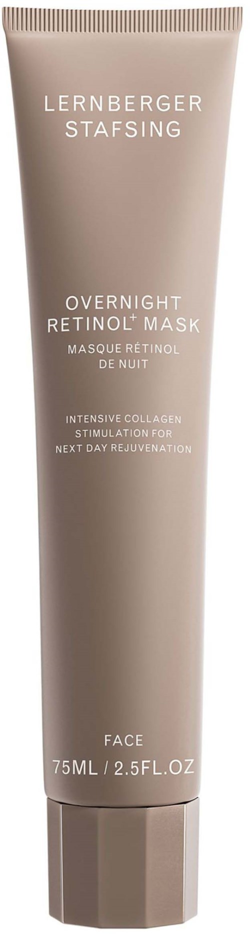 A beige tube of face mask labeled 'Lernberger Stafsing Overnight Retinol Mask' for overnight use.
