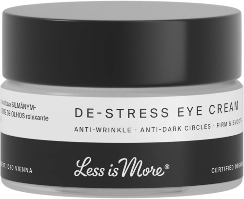 A jar of de-stress eye cream with black and white label, stating benefits like reducing wrinkles and dark circles.