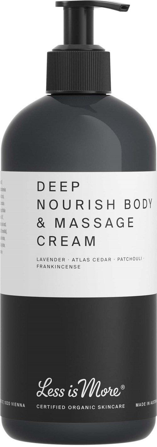 A black bottle with a pump, labeled 'Deep Nourish Body & Massage Cream' with lavender scent details.