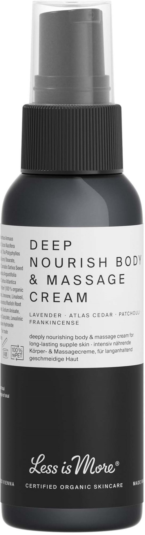 A dark gray bottle with a label that says 'Deep Nourish Body & Massage Cream' and contains lavender, cedar, and frankincense.