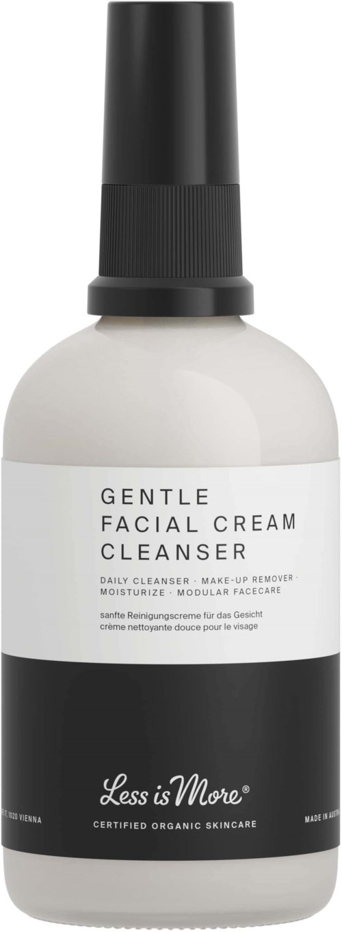 A white bottle with a black lid and label, labeled 'Gentle Facial Cream Cleanser,' by Less is More. It is organic skincare.
