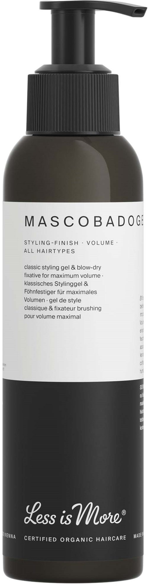 En flaske med pumpe merket 'Masscobado' og 'Less is More', designet for hårstyling eller volum.
