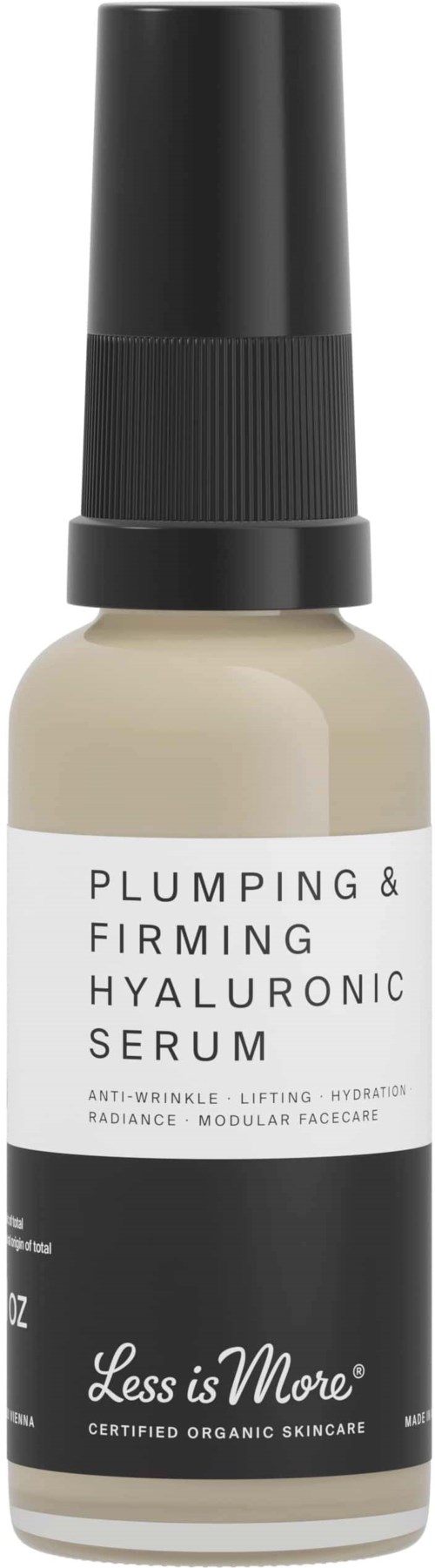 A bottle of skincare serum with a black cap, white label, and text about plumping and firming hyaluronic acid.