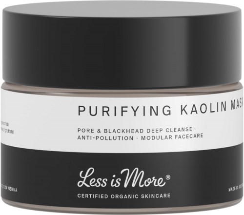 Et glas med Less is More Rensende Kaolin Maske til dybderensning, med sort og hvid emballage og sort låg.