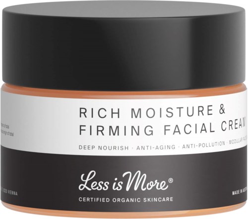 En krukke med ansiktskrem merket 'Rich Moisture & Firming Facial Cream' i svart, hvitt og oransje.