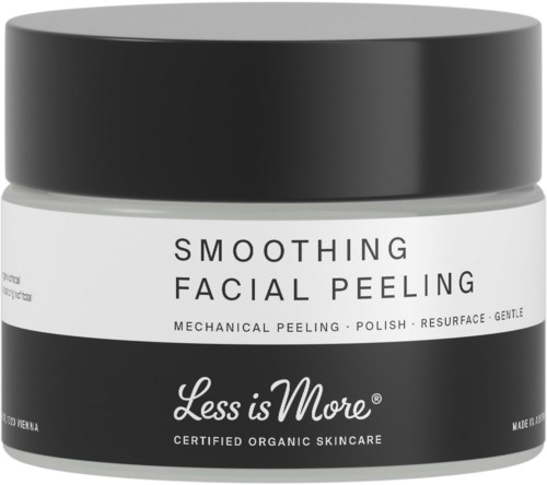 Et glass med merket 'Smoothing Facial Peeling' i svart og hvitt design. Den nevner mekanisk peeling, polering, resurface og skånsom.