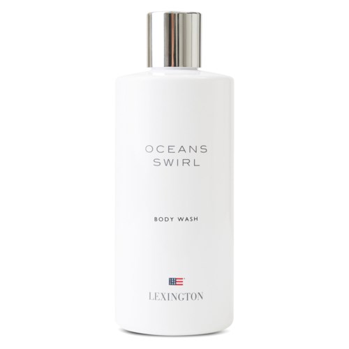 En vit flaska med silverlock, märkt 'Oceans Swirl' och 'Body Wash' av Lexington, enkel design.