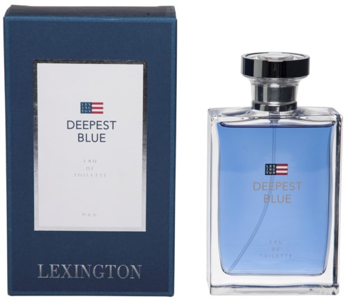 En parfyllåda och flaska märkt "Deepest Blue" och "Lexington". Flaskan är klar med blå vätska inuti.