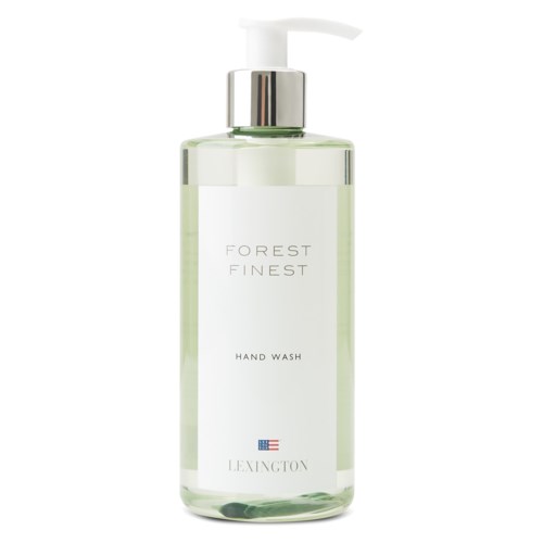 En genomskinlig flaska med vit pump, märkt Forest Finest Hand Wash, av Lexington.
