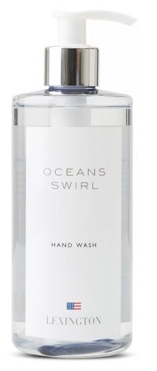 En klar flaska med pump, märkt 'Oceans Swirl Hand Wash' och 'Lexington', enkel och ren design.