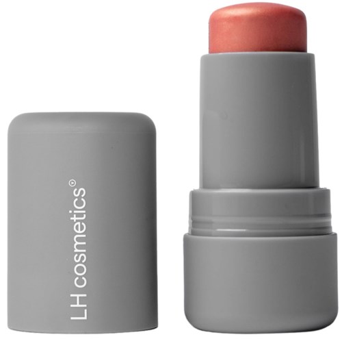 Een grijze lippenbalsem met afgeronde top naast een grijze container met tekst LH cosmetics.