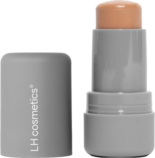 Szara cylindryczna pojemnik z zdejmowanym wieczkiem, oznaczony 'LH cosmetics', z brzoskwiniowym patyczkiem wewnątrz.