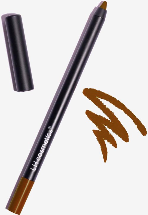 Brązowy ołówek z czarną nakładką i brązowym końcem, obok niego brązowe kreski.