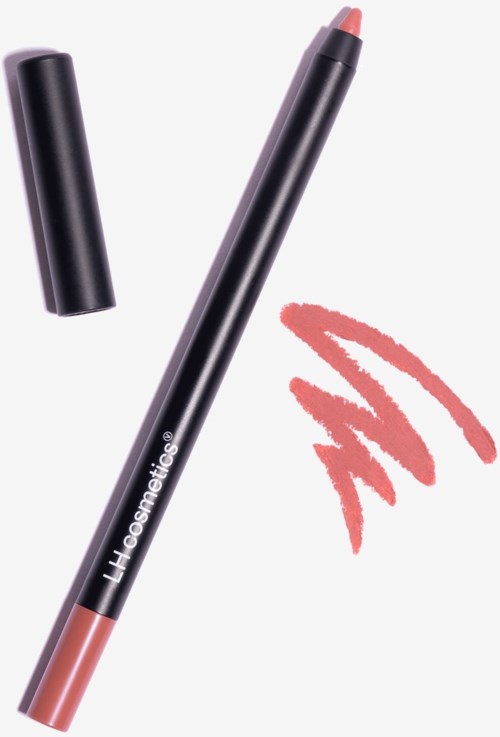 Czarna kredka do ust z napisem 'HT Cosmetics', obok próbek różowej barwy ust.