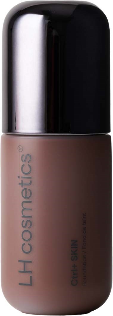 En brun foundationflaske med en blank sort hætte, mærket LH cosmetics, til ansigtshud.