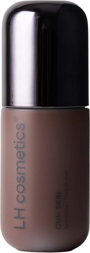 Flydende foundationflaske med sort låg, mærket LH Cosmetics, i en neutral farve.