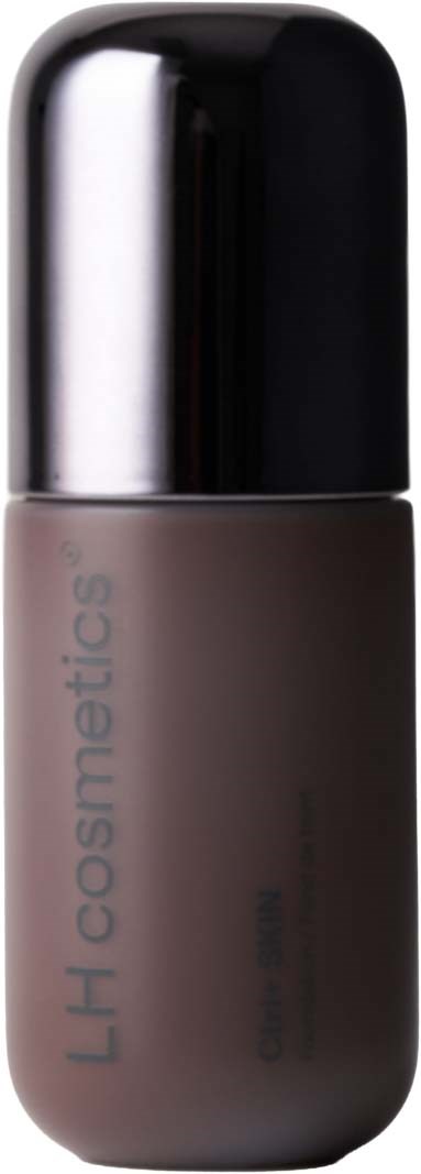En grå cylindrisk flaske med sort skinnende top og lyseblå tekst, LH cosmetics.