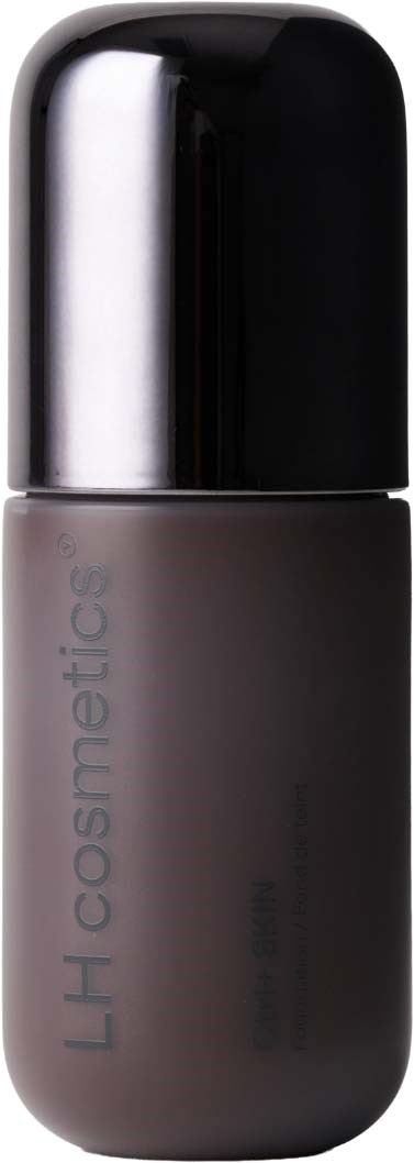En grå, cylindrisk skincare-flaske med en blank sort hætte, mærket LH Cosmetics.