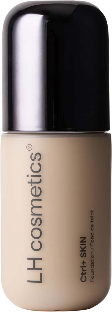 En beige flydende foundation med sort låg, mærket LH Cosmetics, Curl + Skin.
