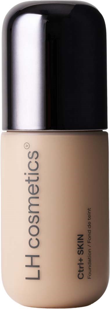 En flaske med flydende foundation med sort låg og beige beholder, mærket LH cosmetics og Cert Skin.
