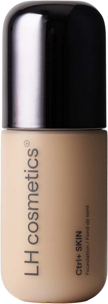 En beige foundationflaske med sort låg og teksten LH Cosmetics og True Skin på etiketten.