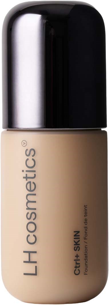 Flaske med flydende foundation med sort låg, mærket LH cosmetics, til forskellige hudtoner.