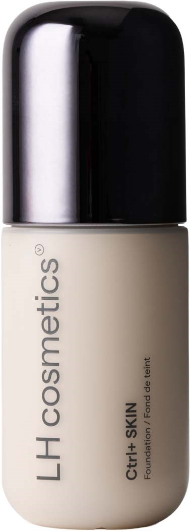 En flaske LH Cosmetics foundation med sort låg og beige krop, viser produktnavn og oplysninger.
