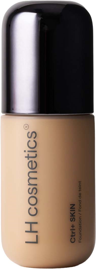 En flaske med LH Cosmetics foundation med sort låg og beige væske.