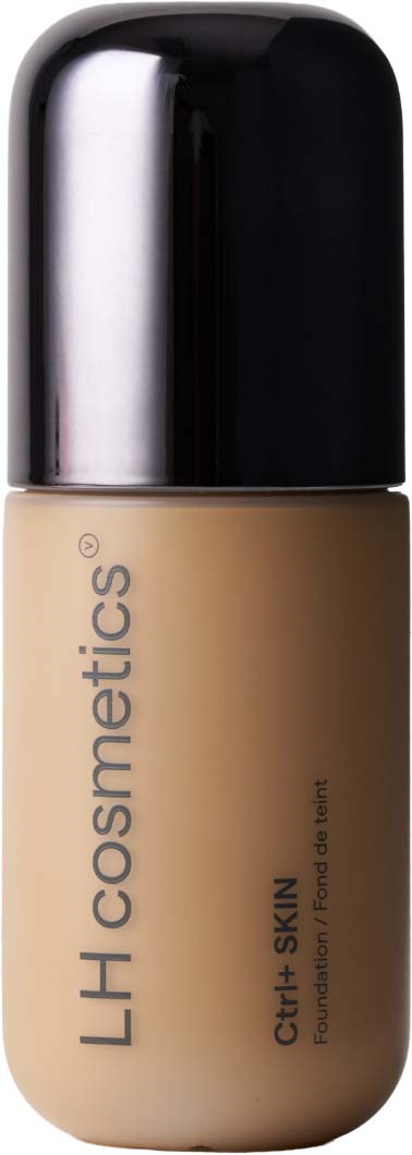 En beige foundationflaske med sort låg, mærket LH cosmetics og kamera-klar hud, på hvid baggrund.