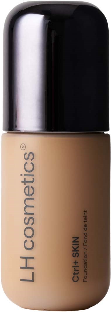 En beige foundationflaske med sort låg og tekst LH cosmetics, Calm Skin, på hvid baggrund.